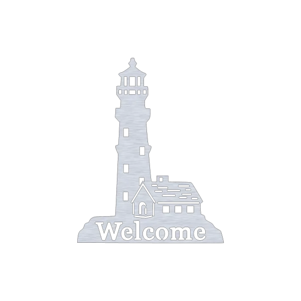 Aluminum wall sign with a lighthouse and house design. 'Welcome' is cut out at the base. Precision-cut from 1/8-inch aluminum, displayed on black.
